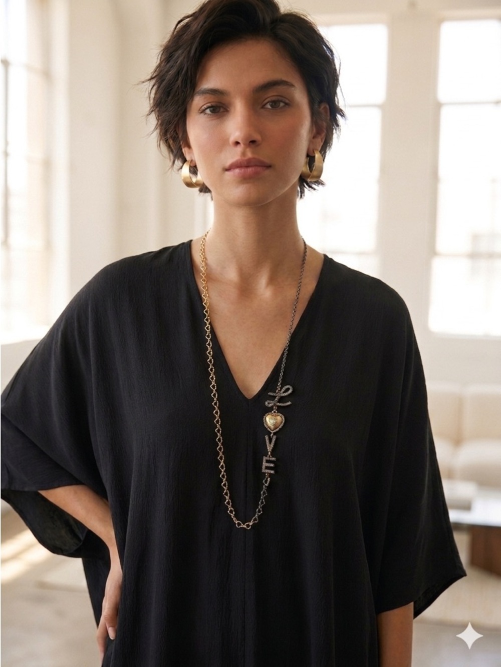 Lanvin Silver & Gold Long Mixed Metal Crystal "LOVE" Chain Statement Necklace